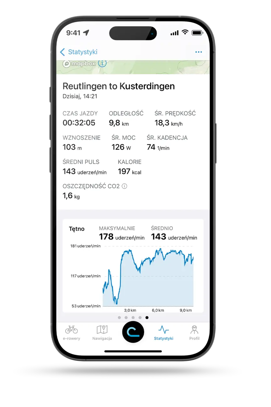 Przycięty smartfon z otwartą aplikacją eBike Flow, prezentujący statystyki jazdy z Reutlingen do Kusterdingen.