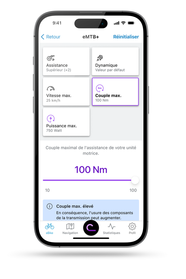 Application eBike Flow affichant l’écran avec l’indicateur du réglage de la performance.