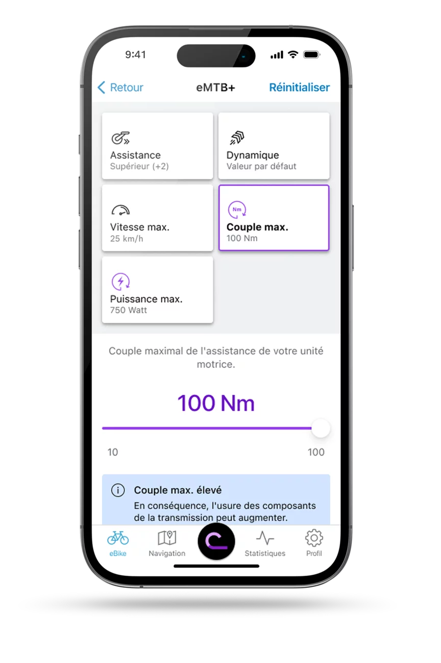 Application eBike Flow affichant l’écran avec l’indicateur du réglage de la performance.