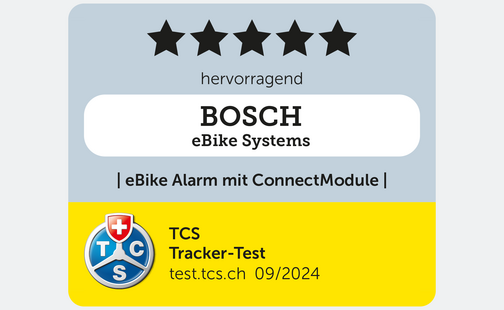 Ein TCS Tracker Test Ergebnis für eBike Alarm mit ConnectModule mit fünf Sternen "Hervorragend", dargestellt auf einem grauen Hintergrund.