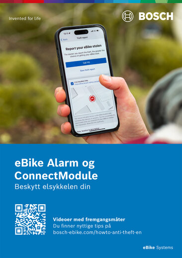 Produktbildebrosjyre eBike Alarm og Connect-modul.
