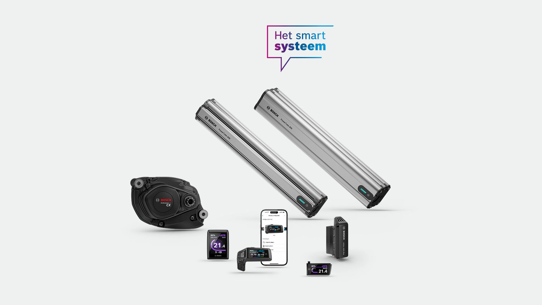 Afbeelding van de PowerTube 600, PowerTube 800, Performance Line CX, Bosch eBike ABS Pro, Purion 400, Bergaanrijhulp en Mini Remote op een lichtgrijze achtergrond met een tekstballon 'Het slimme systeem'.