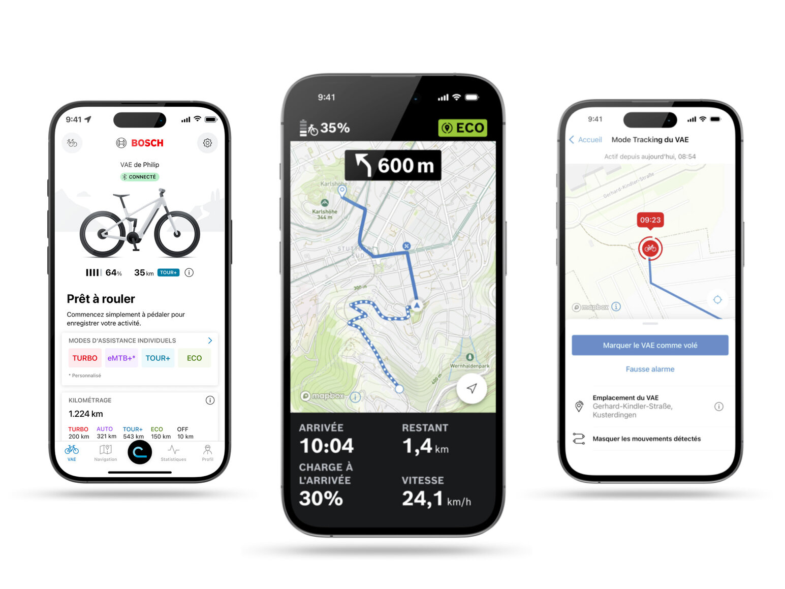 Un collage de trois écrans de smartphone illustrant les différentes fonctionnalités de l’application eBike Flow Bosch : au centre, l’écran d’accueil affiche le niveau de batterie et les modes de conduite ; à gauche, la vue de navigation présente l’itinéraire ; à droite, le VAE mode de suivi permet de localiser un vélo électrique.
