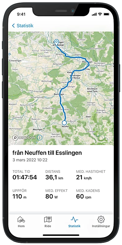 Skärmdump av smarttelefonens display som visar rutten från Neuffen till Esslingen i eBike Flow-appen, tillsammans med tillhörande parametrar.