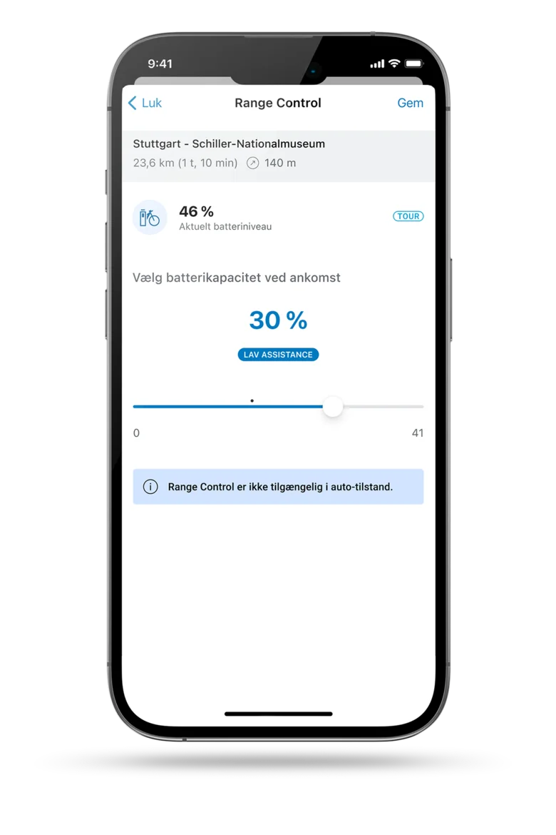 Skærmbillede af smartphone-displayet, der viser Range Control i eBike Flow-appen.