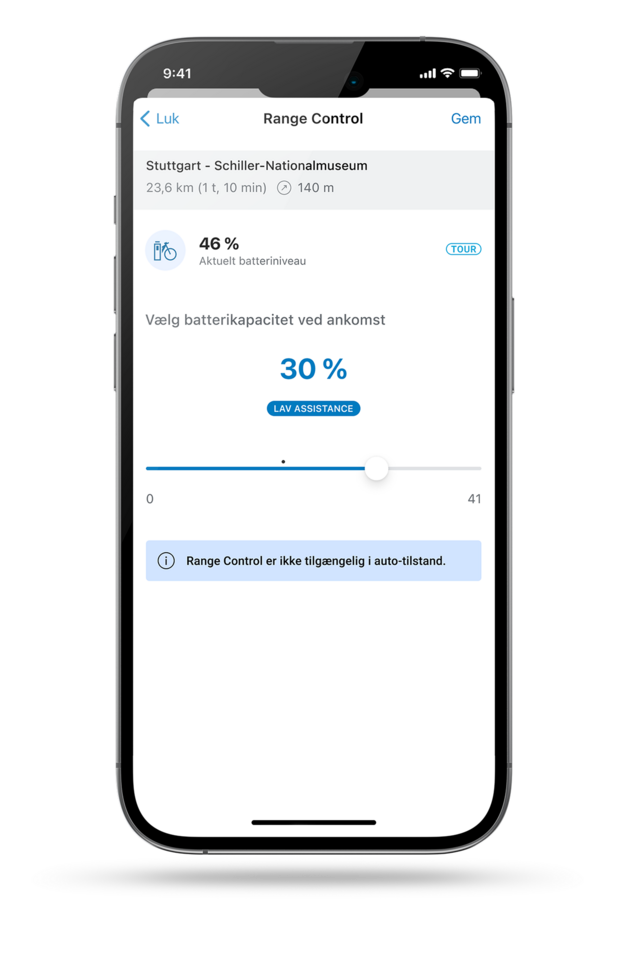 Skærmbillede af smartphone-displayet, der viser Range Control i eBike Flow-appen.
