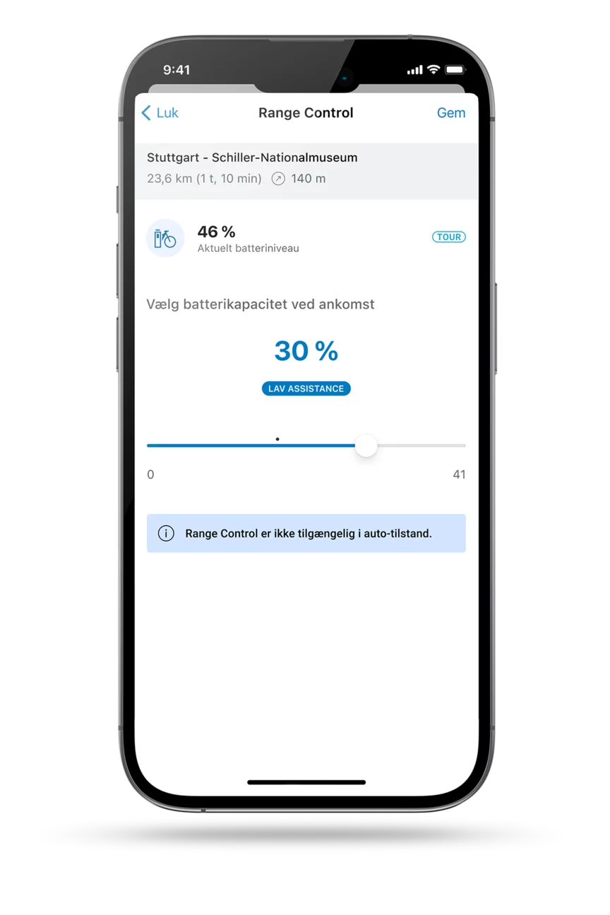 Skærmbillede af smartphone-displayet, der viser Range Control i eBike Flow-appen.