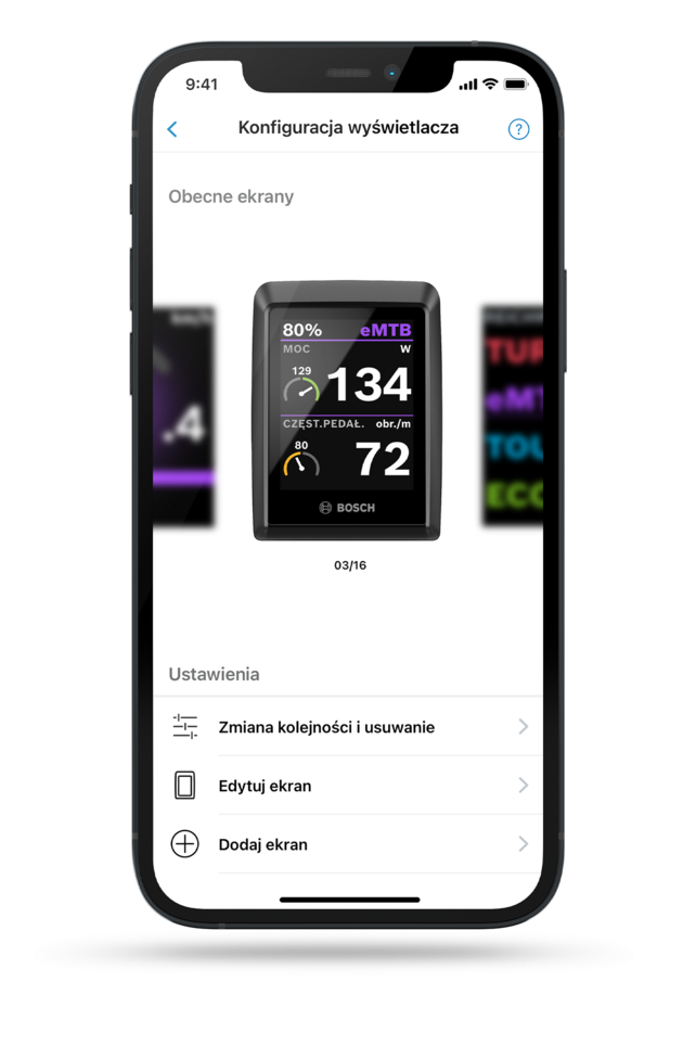 Zrzut ekranu smartfona przedstawia wyświetlacz Kiox w tle, z menu, w którym otwarty jest tekst "Wybierz dane jazdy". Na pierwszym planie widoczne są opcje: tryb ABS, poziom naładowania baterii (eBike), poziom naładowania baterii (smartfon), czas przyjazdu (nawigacja), nachylenie drogi, czas hamowania.