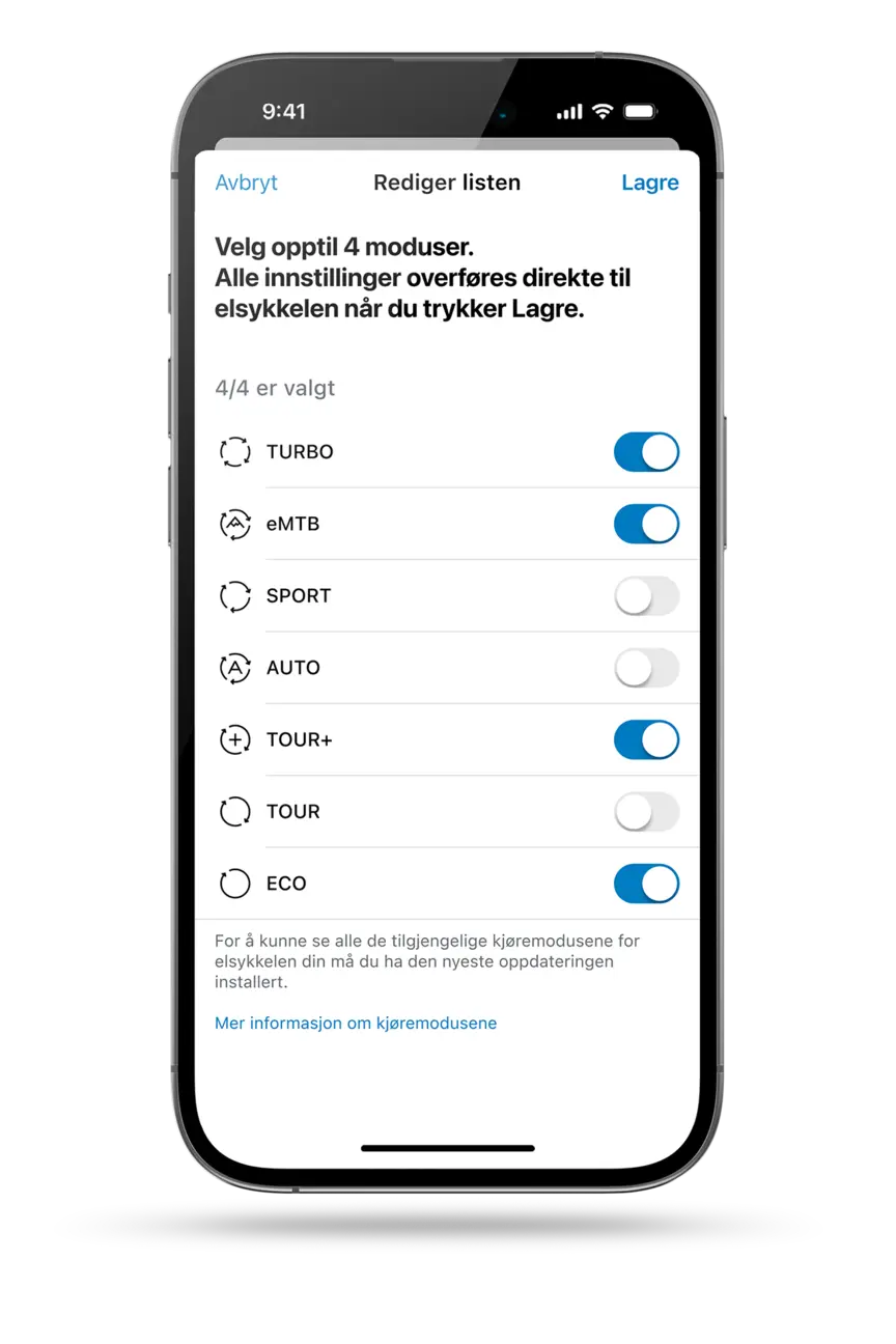 Freistilt visning av en smarttelefon som viser modusvalget i eBike Flow-appen.