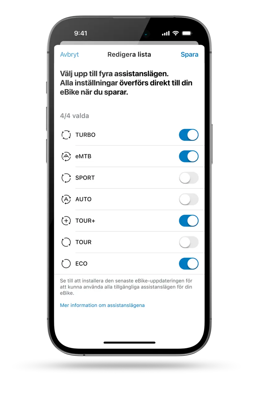 En avskuren bild av en smartphone som visar modivalet i eBike Flow-appen.