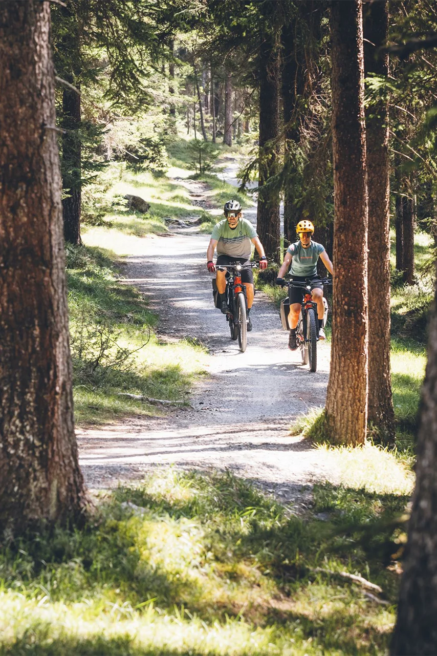 Deux conducteurs de VAE descendent un chemin de gravier dans la forêt.