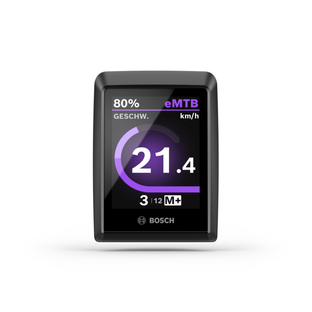 Das Display Kiox 300 freigestellt vor weißem Hintergrund. Das Display zeigt die Geschwindigkeit in km/h, den Akkustand, den Fahrmodus und die M+ Funktion. 
