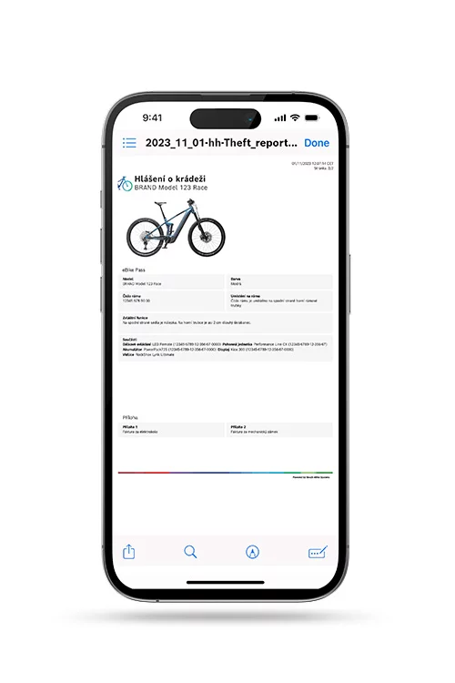Na volném telefonu je možné zobrazit zprávu o krádeži v aplikaci eBike Flow.