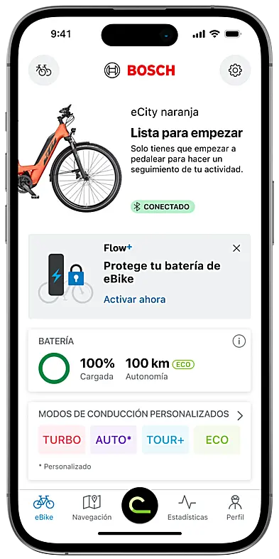 Captura de pantalla de la aplicación eBike Flow: Pantalla de inicio con un aviso sobre la función "Proteger tu batería de eBike" y la opción de una prueba gratuita.
