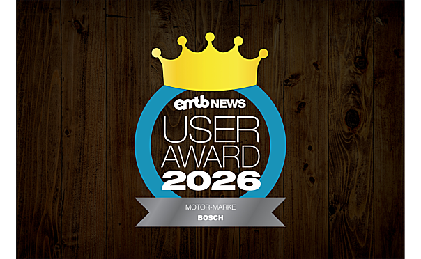 The seal of the 'emtb NEWS User Award 2026', awarded to Bosch in the "Motor Brand" category.