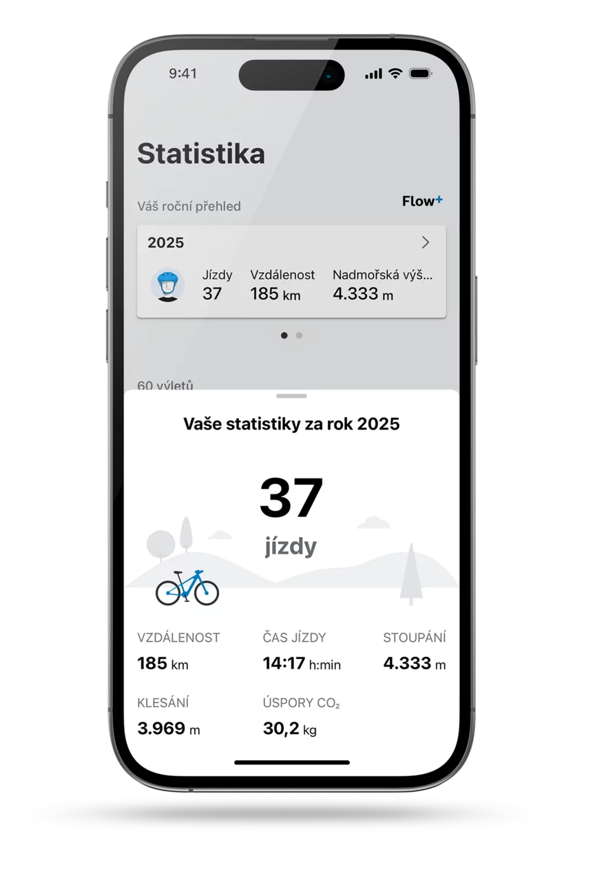 obrazovka aplikace eBike Flow: zobrazení ročního počtu ujetých kilometrů za rok 2025 na stránce se statistikami.