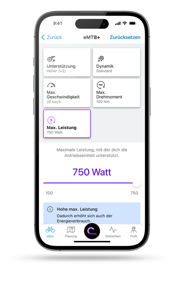 EBike Flow App Screen mit Anzeige der Performance Einstellung abgebildet.