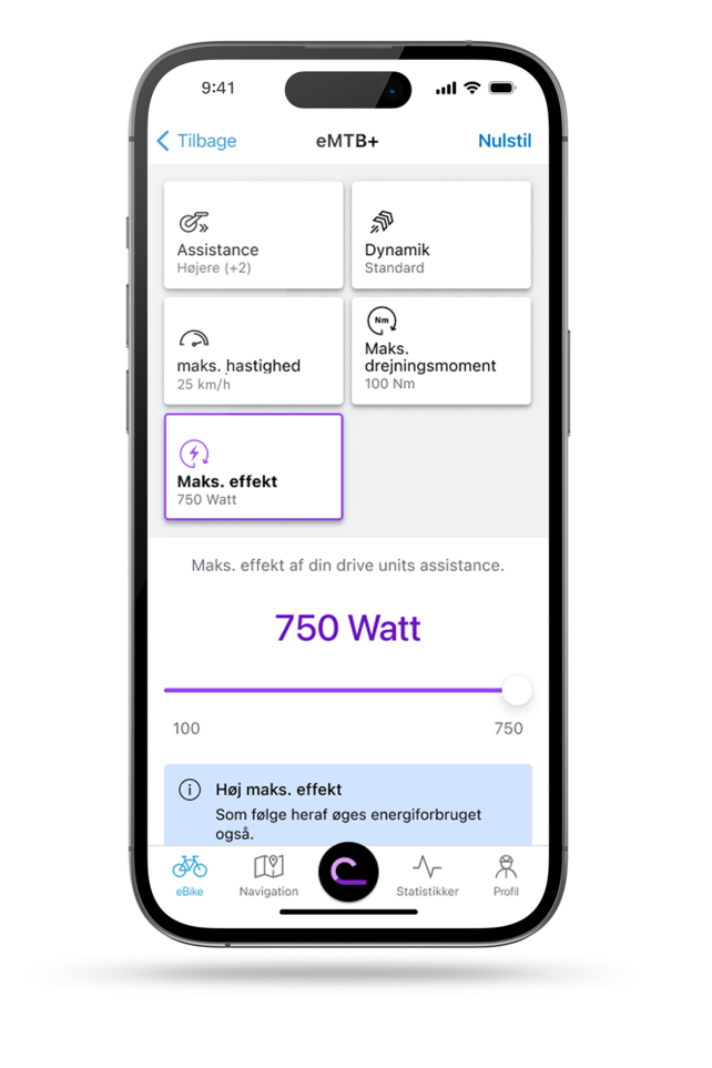 eBike Flow app skærm med visning af performance-indstilling.