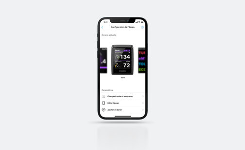Capture d'[écran/page] du Smartphone-Display affichant la configuration d'écran dans l'application eBike Flow, y compris les paramètres possibles.