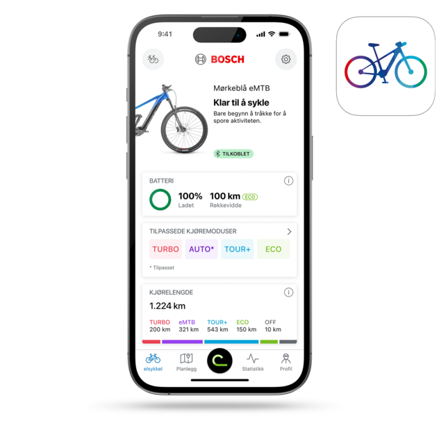 Beskåret smarttelefon med eBike Flow-app-ikon og åpen startskjerm i eBike Flow-app.