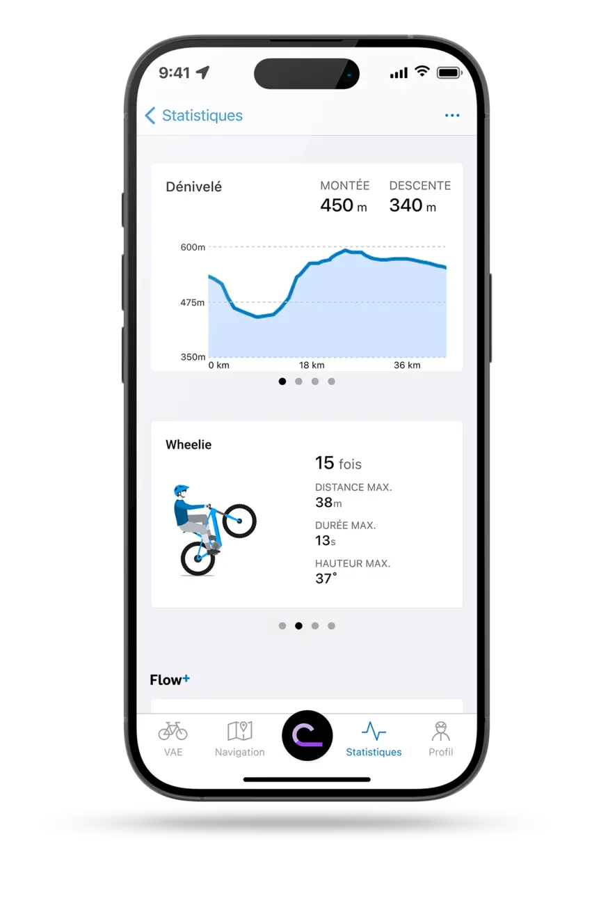 capture d’écran d’un smartphone affichant la page des statistiques du application eBike Flow. En haut, une carte d’altitude indiquant la montée et la descente, en dessous, des statistiques de « wheelie » avec les valeurs maximales. En bas, la barre de navigation avec « VAE », « Planification », le symbole flux, « Statistiques » et « Profil ».