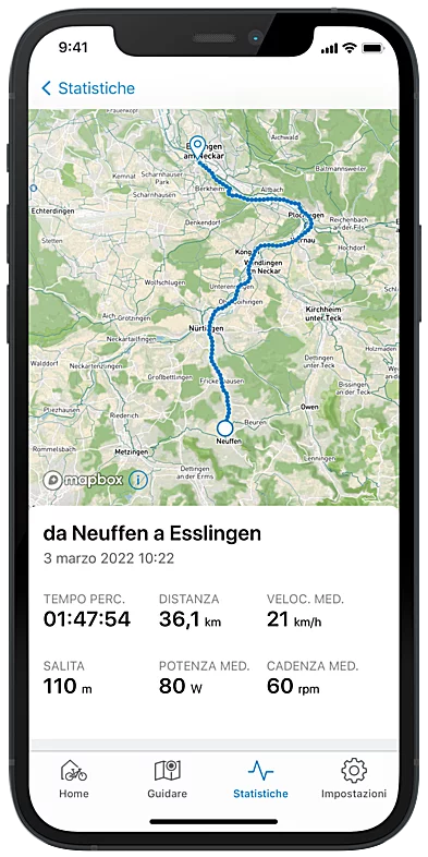 Screenshot del Smartphone Display, che mostra la rotta da Neuffen a Esslingen nell'applicazione eBike Flow, insieme ai relativi parametri.