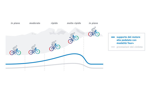 Rappresentazione grafica del Motorunterstützung nella modalità Tour+ M della eBike: Il Motor supporta continuamente la Leistung del Fahrer e interviene ancora di più in caso di salita.