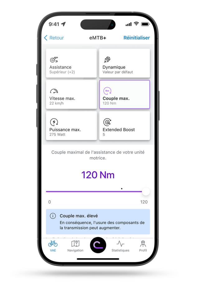 smartphone qui affiche le application eBike Flow avec le réglage ouvert pour le maximum de couple dans le mode eMTB+.