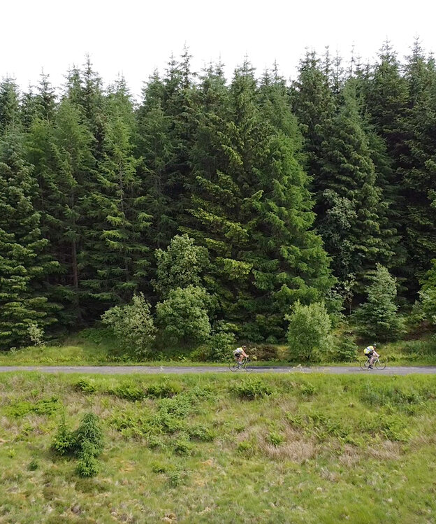 Zwei Personen fahren mit Fahrrädern hintereinander einen Weg entlang. Im Hintergrund ist ein Wald zu sehen, davor eine Wiese.