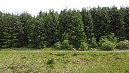 Deux personnes roulent à vélo l'une derrière l'autre le long d'un chemin. En arrière-plan, on aperçoit une forêt, devant laquelle se trouve un pré.