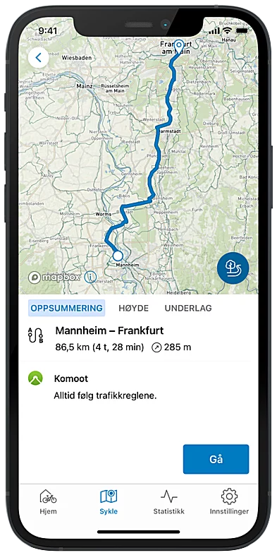En telefon mot en grå bakgrunn. Display viser en navigasjon fra Mannheim til Frankfurt i kart nan-visning i eBike Flow-app.