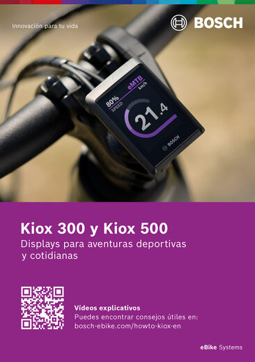 Kiox 300 y Kiox 500 Guía de inicio rápido: Póster que muestra un primer plano de un Kiox en el manillar de una bicicleta. A la izquierda superior en la imagen 'Innovación para la vida' y derecha superior en la imagen el logotipo de Bosch. Debajo, sobre un fondo verde, se lee "Kiox 300 & Kiox 500 displays para aventuras diarias" con código QR y junto a él el texto " vídeo explicativo consejos útiles se pueden encontrar en: bosch-ebike.com/howto-kiox-en'.
