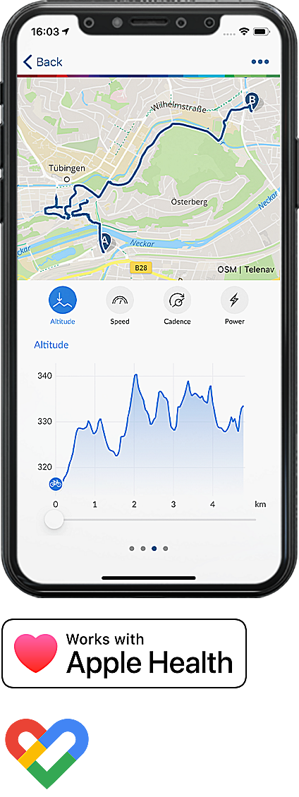 Capture d'écran de l'affichage du smartphone, montrant une route dans la partie supérieure. Dans la partie inférieure, sur l'onglet "Altitude", un graphique est visible. Les autres onglets sélectionnables sont "Vitesse", "Cadence" et "Puissance".
