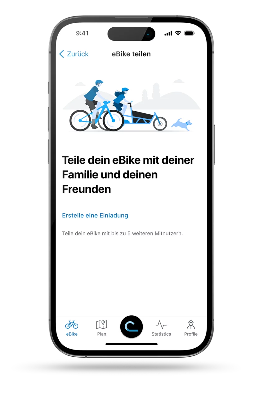 eBike Flow App: Screenshot der "eBike teilen"-Funktion.