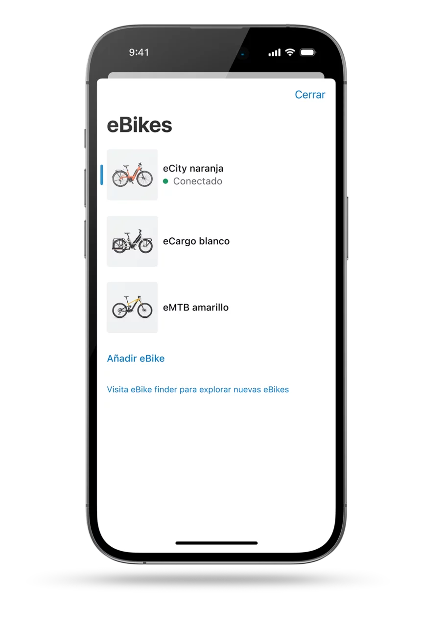 La aplicación eBike Flow muestra la pantalla como un diseño limpio. La pantalla presenta el garaje digital de la aplicación eBike Flow, donde se exhiben tres modelos de eBike diferentes.