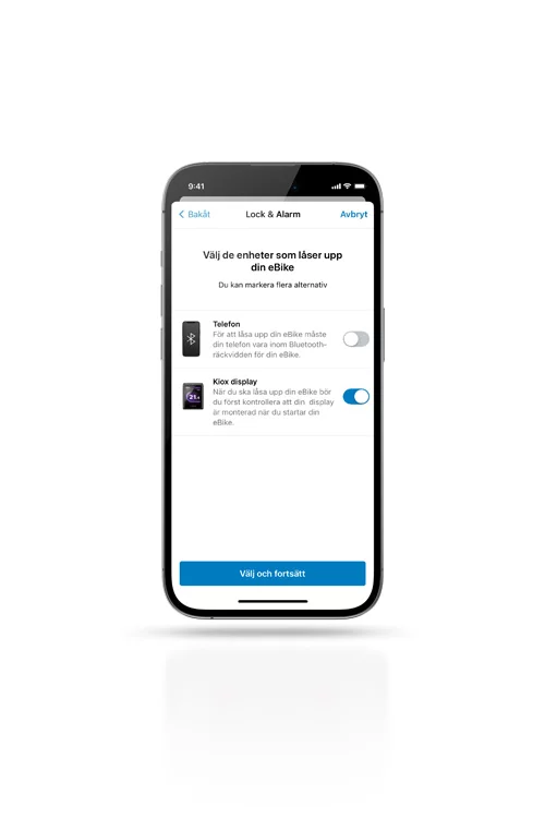 På en smartphone syns en kontrollpanel med funktionerna "Lock & Alarm" från Bosch eBike. Det finns möjlighet att välja att låsa upp eBike med antingen smartphonen och/eller Kiox-displayet.