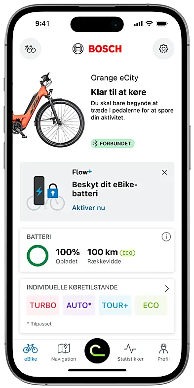 Skærmbillede af eBike Flow-app: Startskærm med en note om funktionen "Beskyt din eBike-batteri" og mulighed for en gratis prøveperiode.