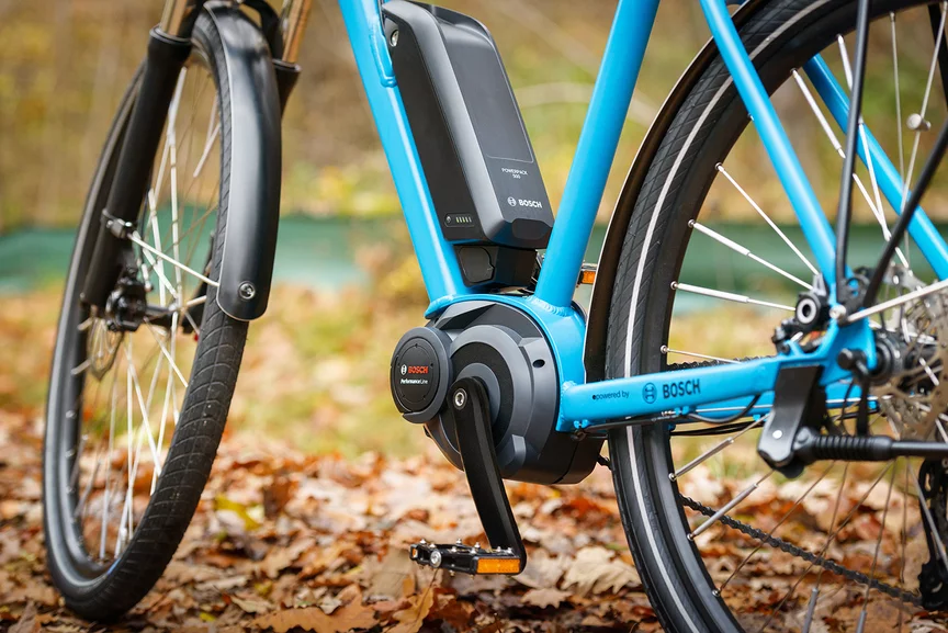 Close-up of a parked light blue eCity bike, with blurred yellow-brown autumn leaves in the background.