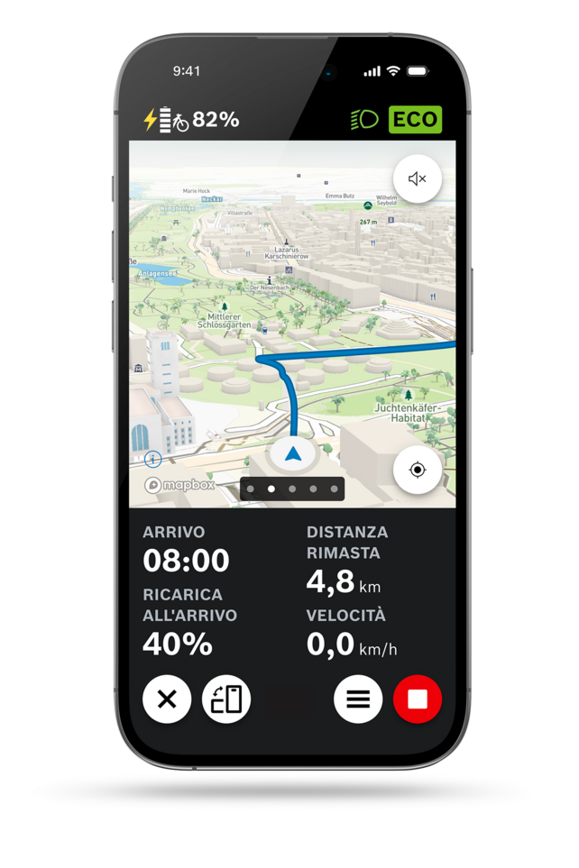 app eBike Flow: schermata della visualizzazione della mappa della navigazione con visualizzazione mappa 3D.