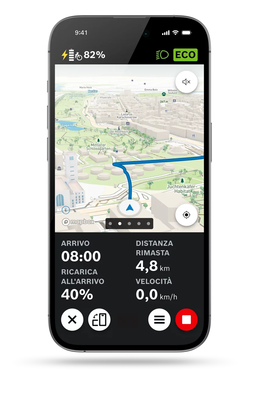 app eBike Flow: schermata della visualizzazione della mappa della navigazione con visualizzazione mappa 3D.