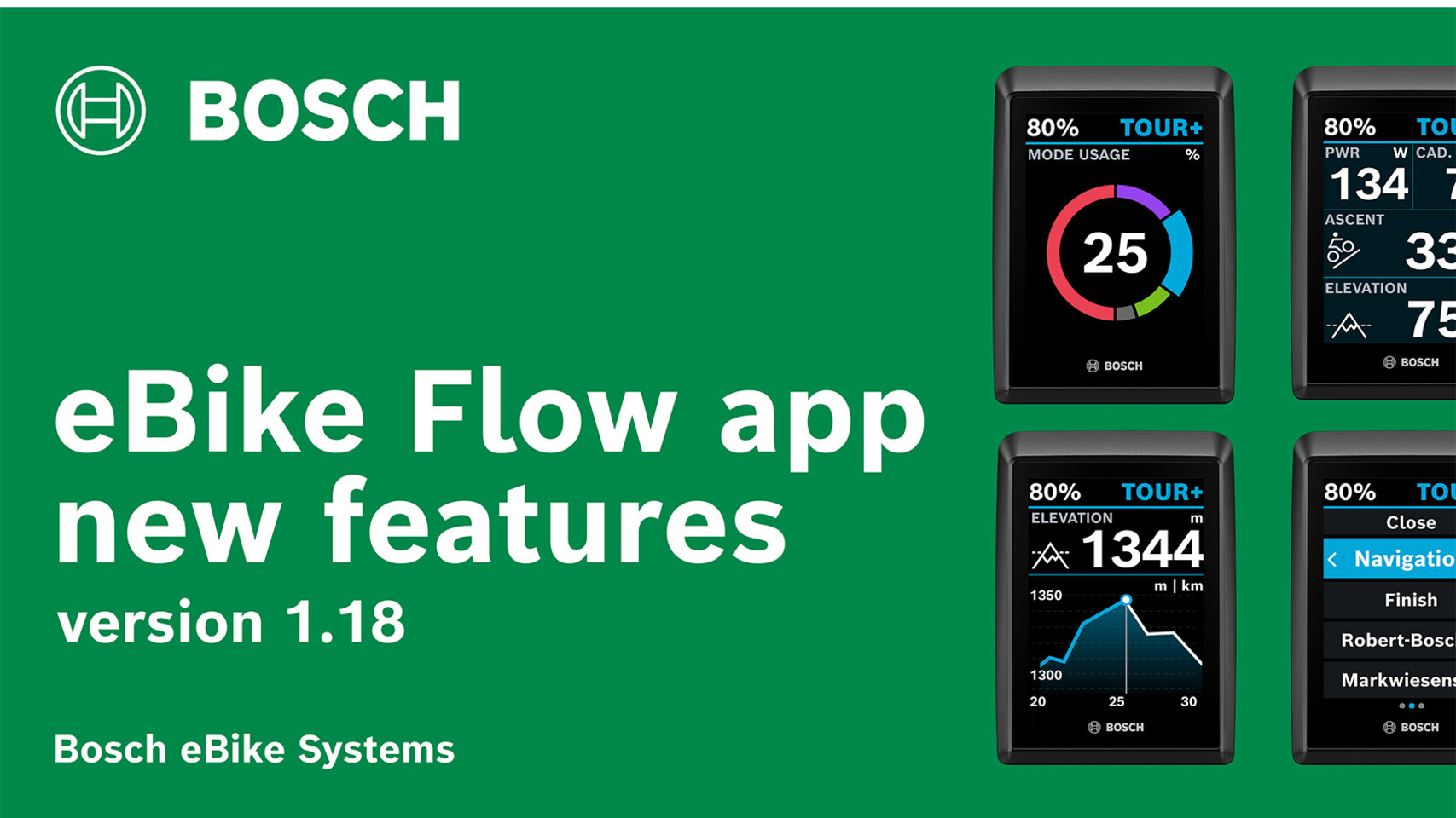 The text "eBike Flow app new features version 1.18 Bosch eBike Systems" is written in white letters on a green background. At the top left the Bosch logo can be seen in white, right Kiox displays are shown in cropped representation.
