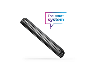 PowerTube 750 freigestellt abgebildet, darüber eine lila-blaue Sprechblase mit dem Text ‚Das smarte System‘.