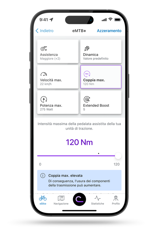 Smartphone che mostra il app eBike Flow con l’impostazione aperta per il massimo coppia nel modalità eMTB+.