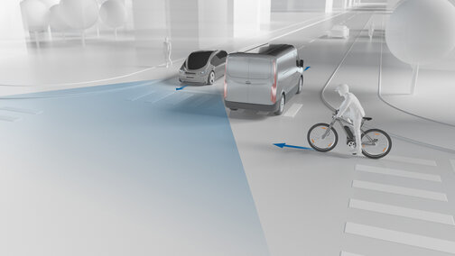 An animated image shows an intersection with two cars and a cyclist. Arrows indicate the direction each road user is traveling.