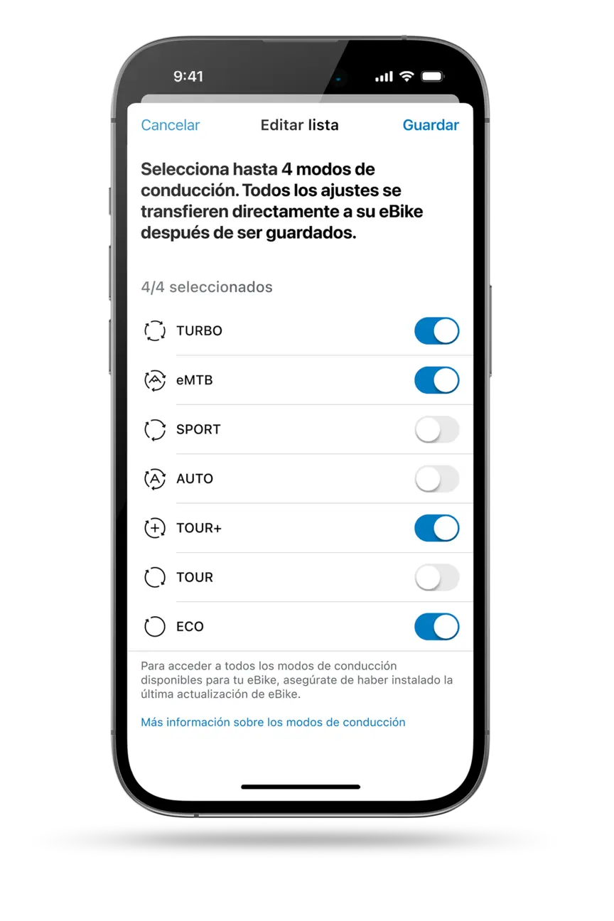 Representación recortada de un teléfono que representa la selección de modos en la aplicación eBike Flow.