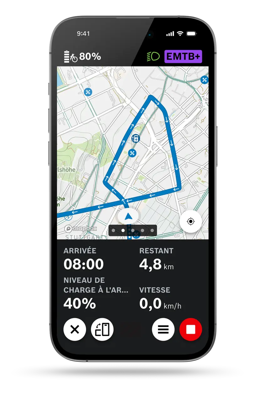 Capture d’écran de l’écran d’un smartphone affichant la navigation active dans l’application eBike Flow, avec carte, heure d’arrivée, distance restante, état de charge à l’arrivée et vitesse actuelle.