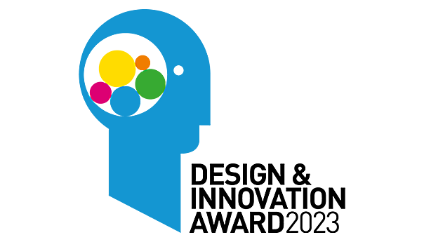 Icon with the text "DESIGN & INNOVATION AWARD 2023": A blue symbol depicting the outline of a head, with colorful circles inside.