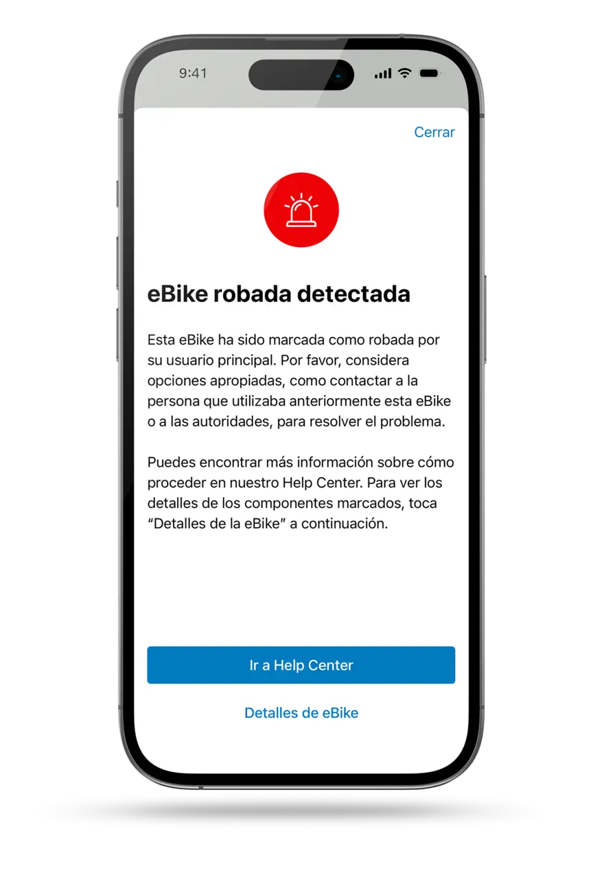 Mensaje de advertencia sobre eBike robada y pasos a seguir.