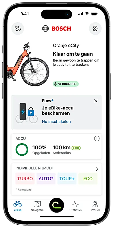 Screenshot van de eBike Flow-app: Startscherm met een melding over de functie "Bescherm je eBike-accu" en de mogelijkheid voor een gratis proefperiode.