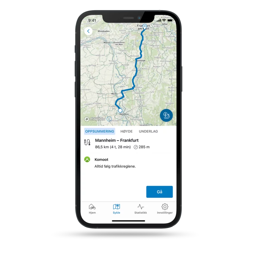 En smarttelefon mot grå bakgrunn. Display viser en navigasjon fra Mannheim til Frankfurt i kartvisning i eBike Flow-app.
